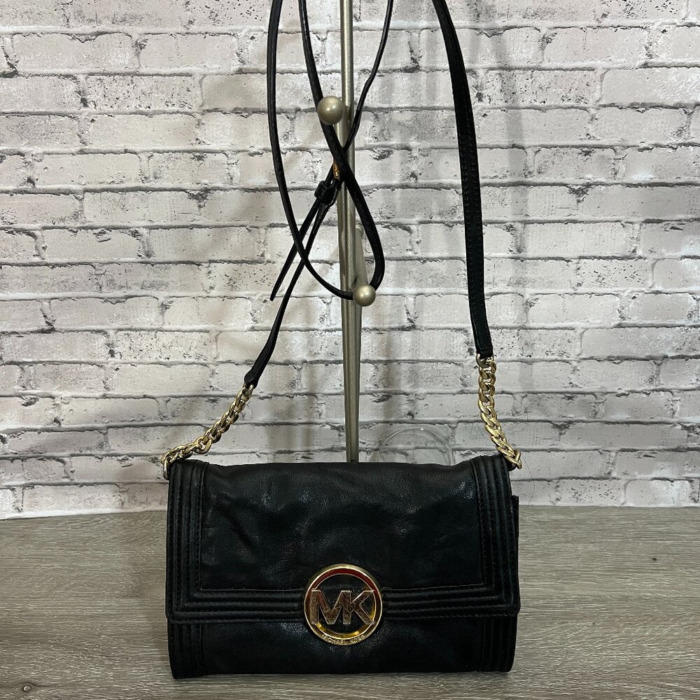 MICHAEL KORS Fulton Bombe Crossbody Purse Convertible Clutch Leather Bag Black